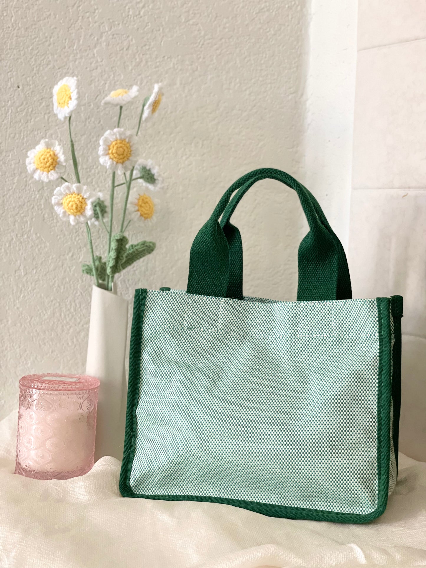 Canvas Plaid Tote Bag - Green